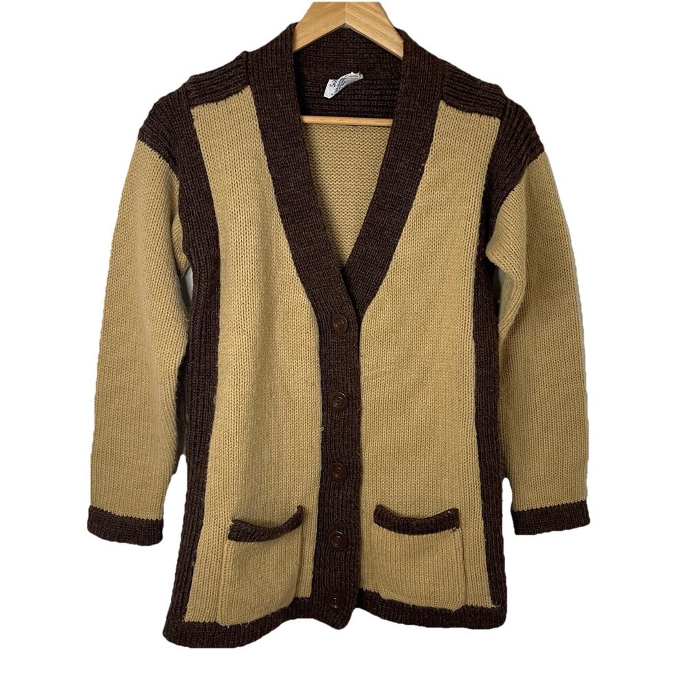 VTG 60s Mod MCM Cardigan, 1960s Mustard Yellow Brown Trim- Women S/M - No Belt
